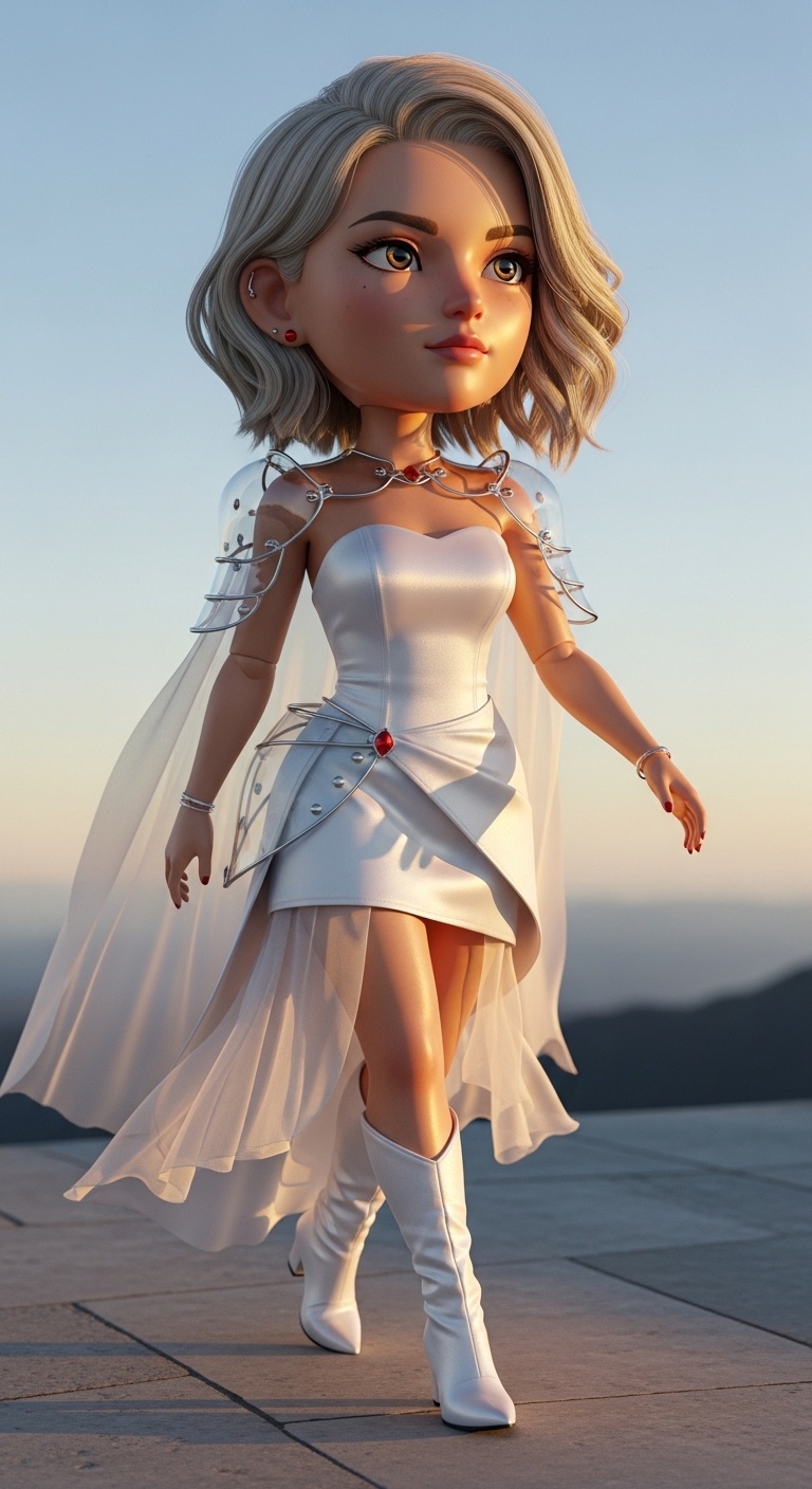 A forward-moving bride figure against a pale mountain horizon, cape lifted by cold morning wind