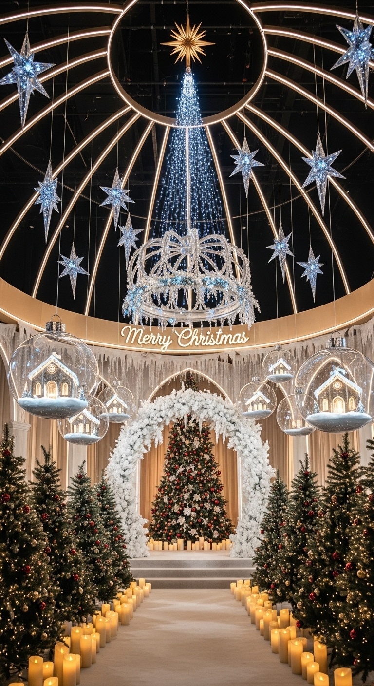A golden-lit cathedral dome above a candle circle, creating a regal Christmas wedding photo backdrop for luxury studio portraits