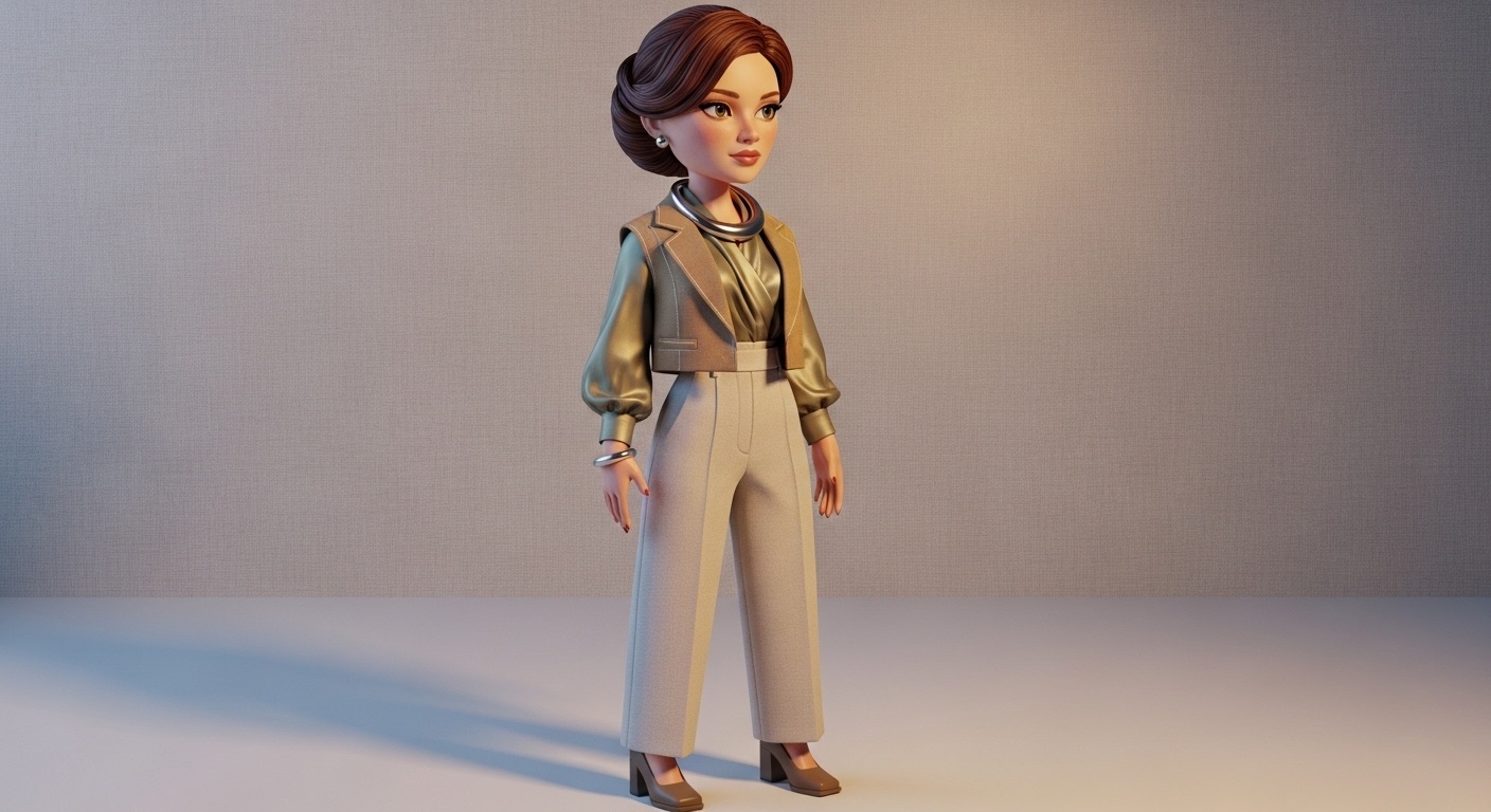 A minimalist office desk scene with neutral stationery and matte wood riser, the doll’s block heels grounded firmly against soft diffused daylight