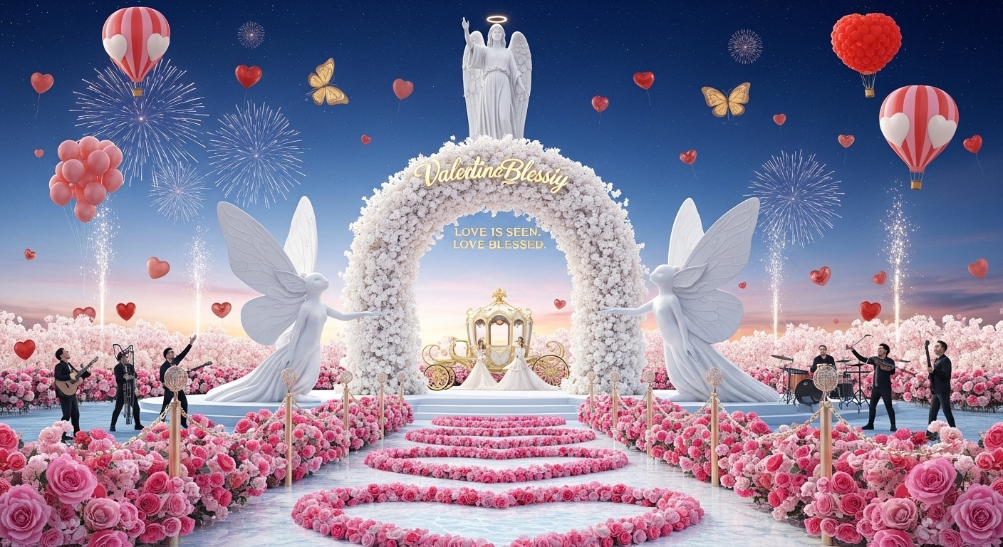 A myth-inspired Valentine wedding banner featuring a rose sea aisle, angelic sculpture, and palace-style backdrop