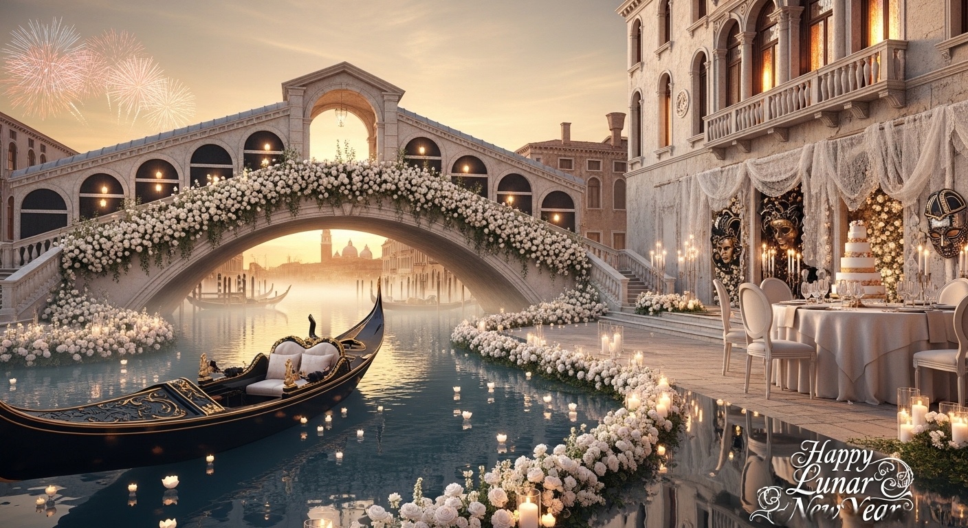 A premium artistic backdrop for 2027 New Year celebrations combining canal reflections, floral pathways, and romantic architectural depth for studio portrait environments