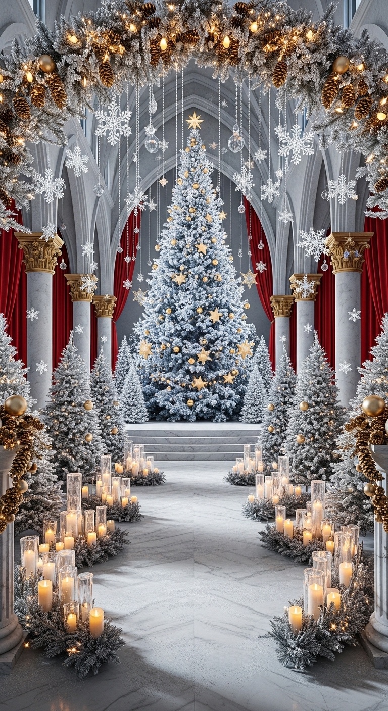 A snow-capped wedding arch surrounded by fir branches and crystal frost, forming a regal Christmas wedding backdrop