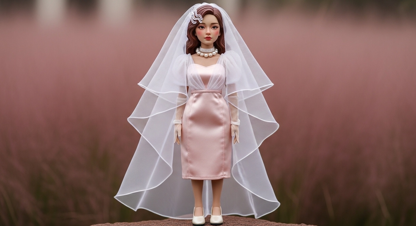 A softly lit living room cabinet interior where layered white veil fabric diffuses afternoon light against a blush backdrop, pink muhly grass faintly visible behind the poised figure