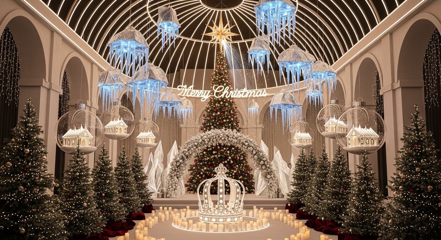 A symmetrical fir-tree aisle with warm lights leading to a towering snow arch, perfect for family holiday wedding photography