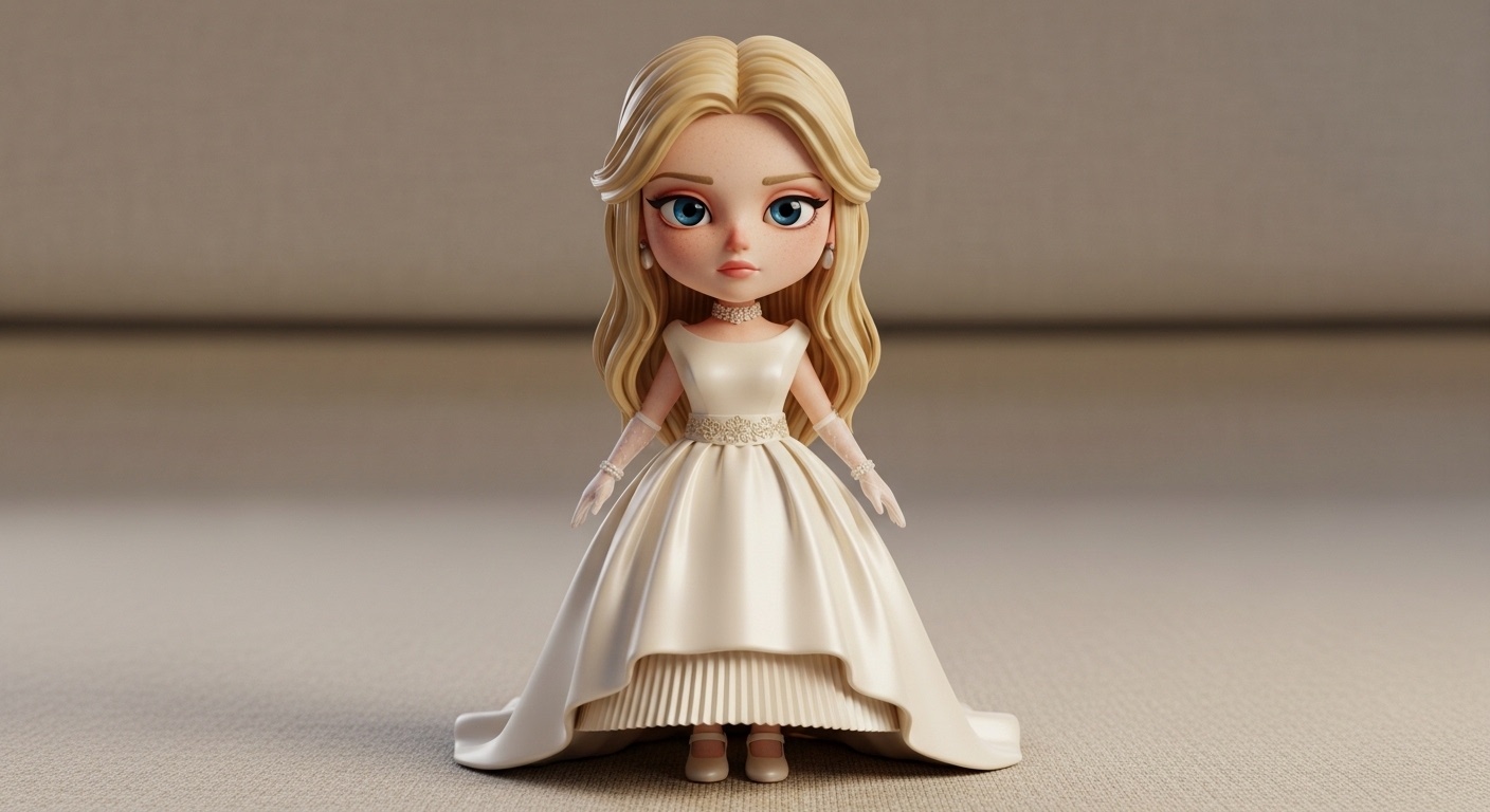 A warm spotlight resting on dense cream satin, the small bride figure placed at the center of a long dining table installation, glassware glowing like honey.