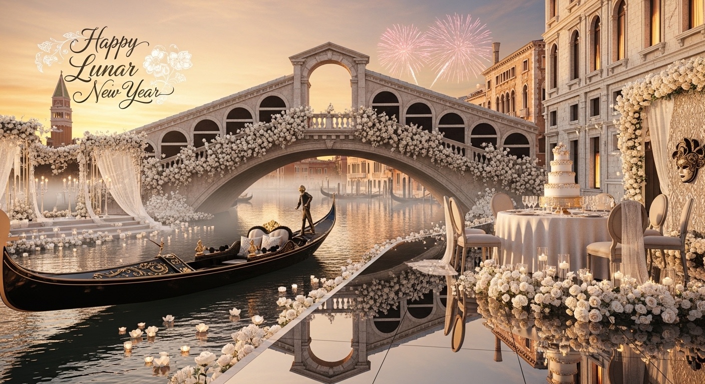 An immersive first-person Venice wedding photography background where floating petals, mist layers, and Venetian mask accents create a soft, intimate, luxury atmosphere