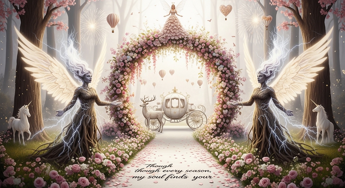 Angelic floral arch wedding idea with atmospheric storm spirits for modern multi-person wedding portraits