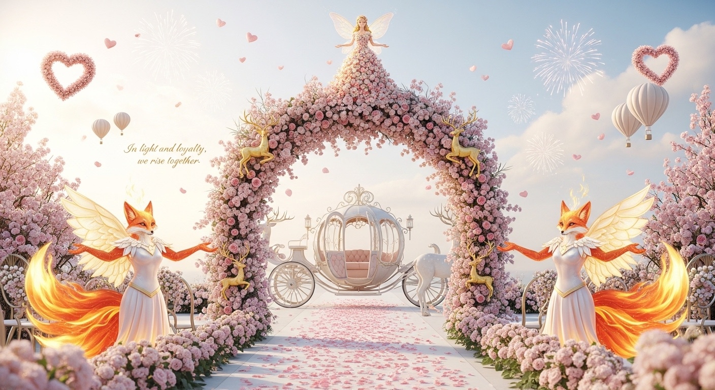 Angelic floral wedding banner for Valentine’s Day featuring symmetrical arch composition, glowing guardian creatures, and beach-inspired ivory lighting for high-exposure studio setups