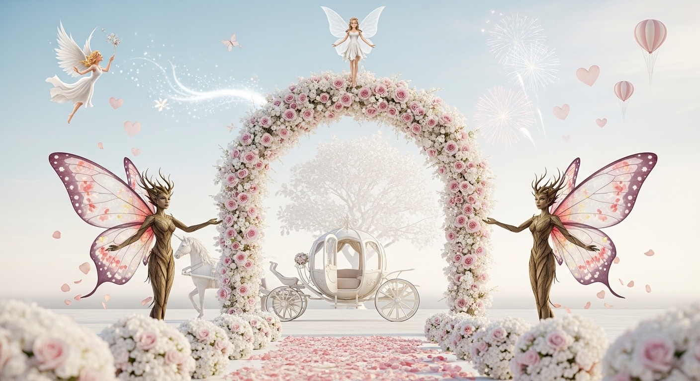 Angelic white wedding backdrop with forest spirit elements, soft fireworks and life tree silhouette, created for romantic wedding photo wall ideas