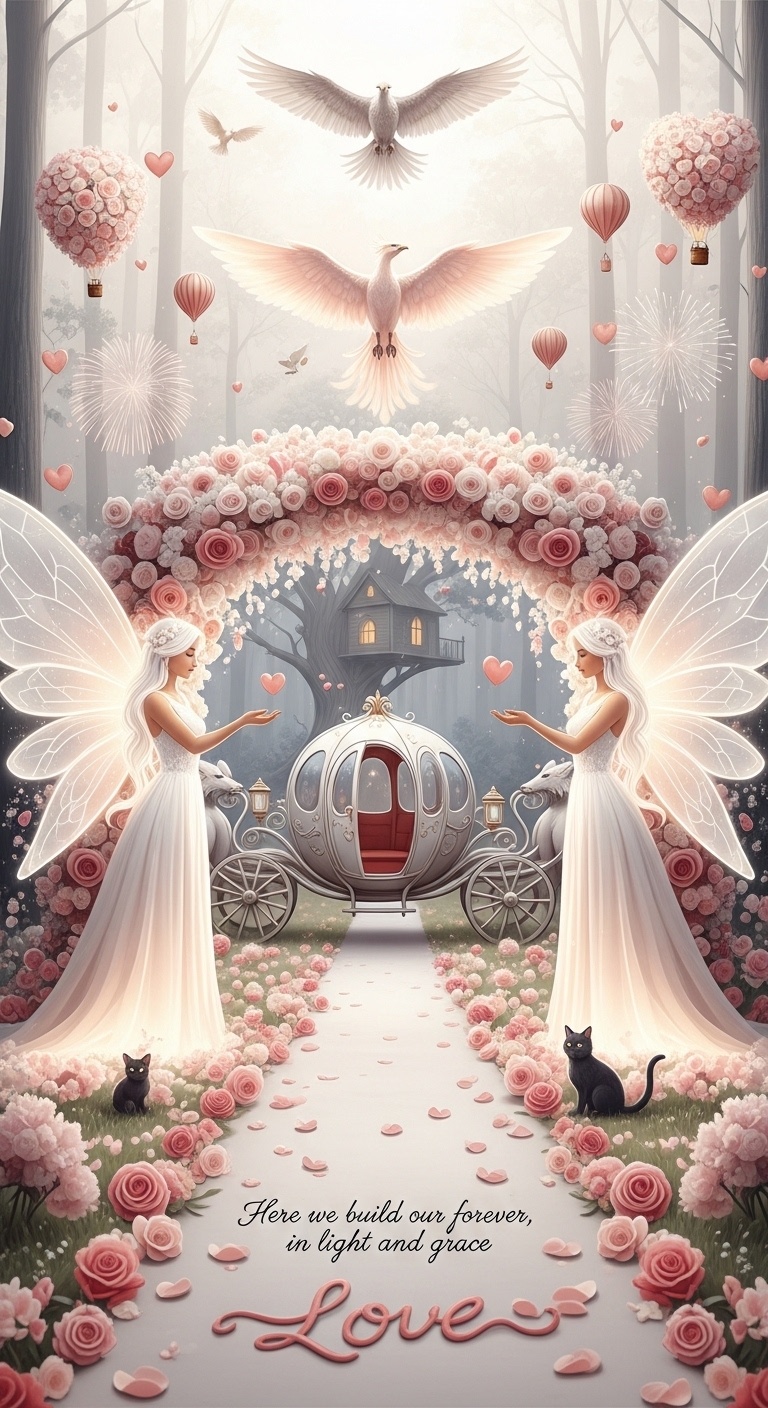 Angelic white wedding banner background featuring treehouse silhouette, sacred beasts, floating hearts and hot air balloons, styled for engagement and family portrait photo wall ideas.