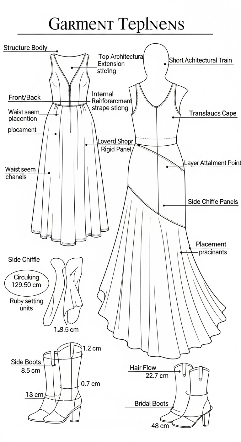 Aries Dawn Bride in Structured Short-Train Couture for Pioneer Wedding Landscapes Blueprint Prompt