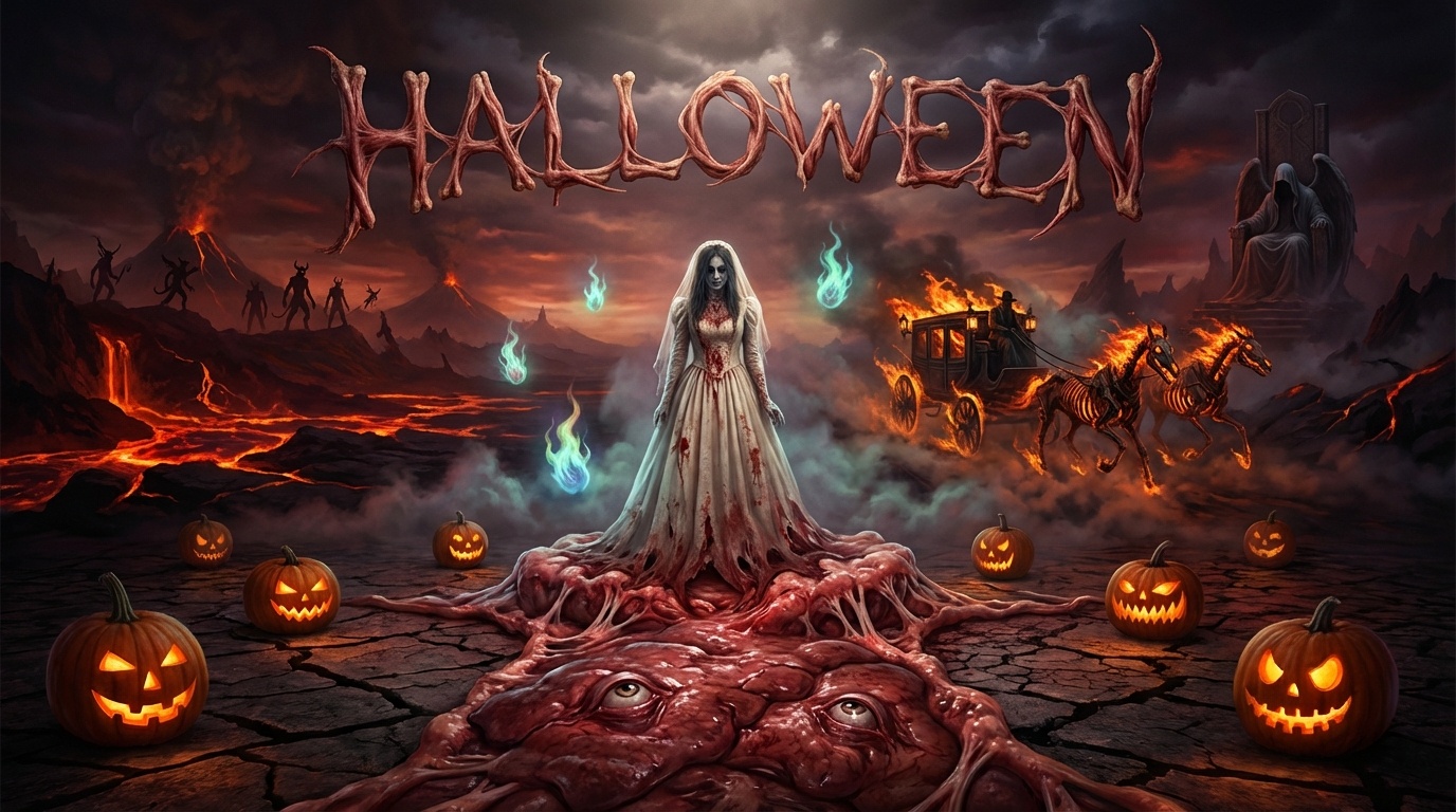 Bio-organic creature with multiple eyes forming the ritual stage beneath a dark ceremony