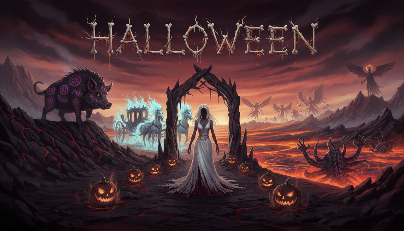 Blood Veil Procession Through Lava Fields – Cinematic Horror Wedding Backdrop for Collectors of Contemporary Myth Environments