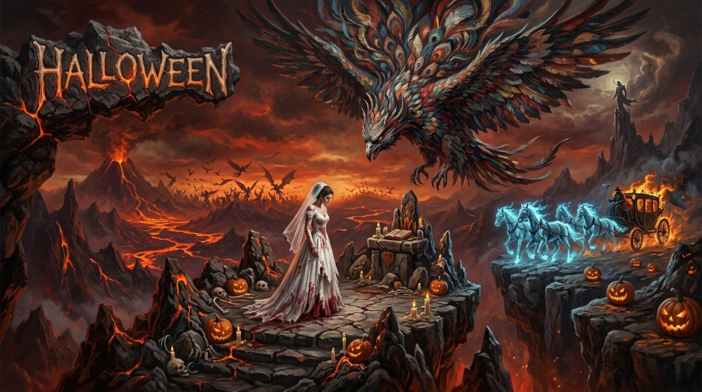 Blood-stained bride beneath sweeping feather canopy overlooking a molten infernal battlefield