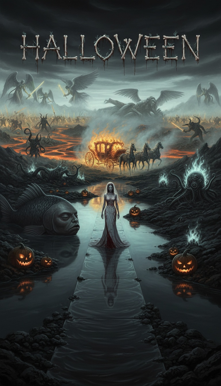 Blood-veil bride standing above submerged faces in dark current