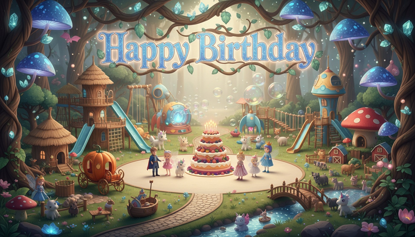 Whimsical Forest Amusement Park Illustration Featuring Mushroom Playhouse Adventure Tower Rainbow Bridge and Fairy Mascot Characters for Children Wall Art and Digital Backdrop