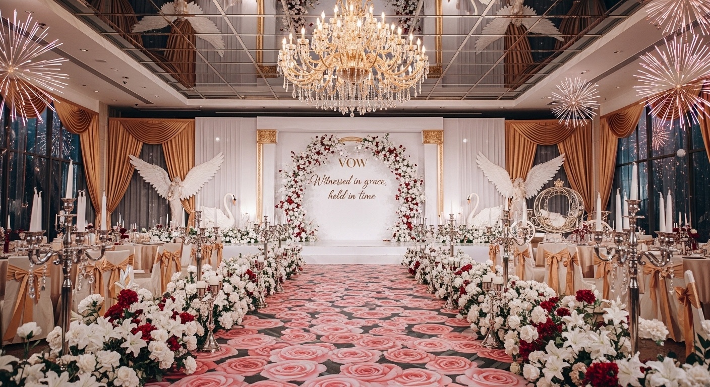 Burgundy silk seating framing a royal carriage in the background, designed for luxury family group photos in a traditional ballroom ceremony setting