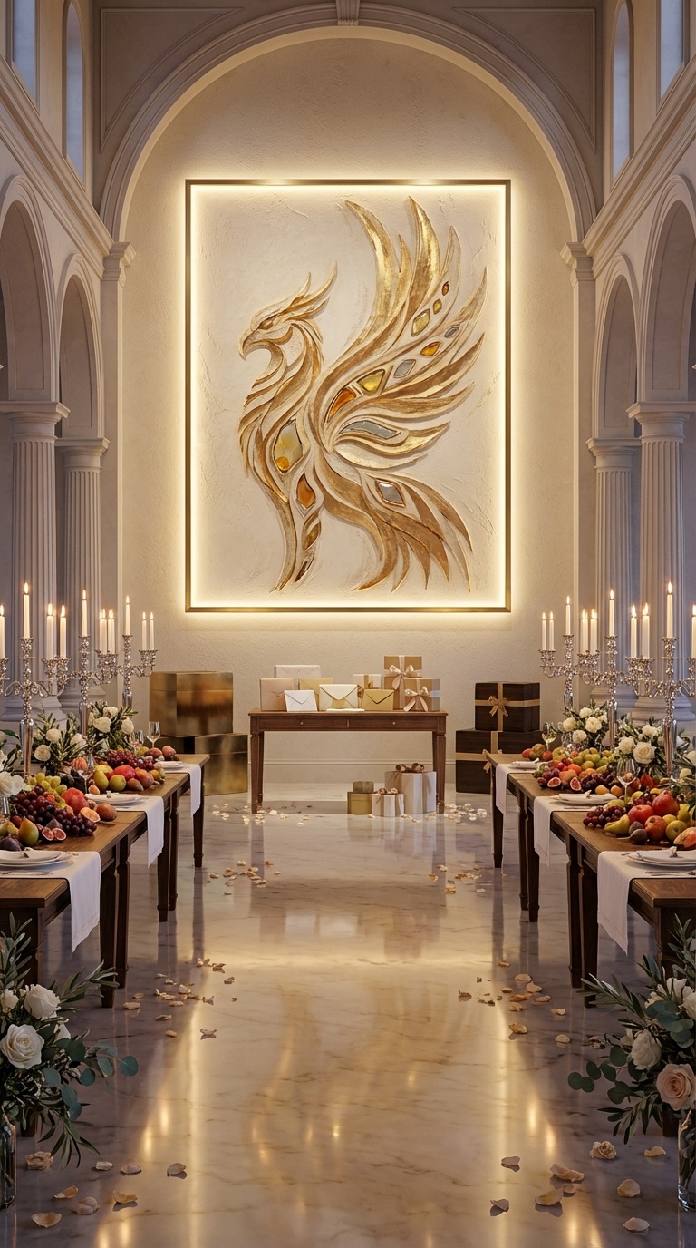 A grand classic wedding hall with silver candelabras and a towering gold-leaf Pixiu thank you poster anchoring the gift table area for luxury reception inspiration