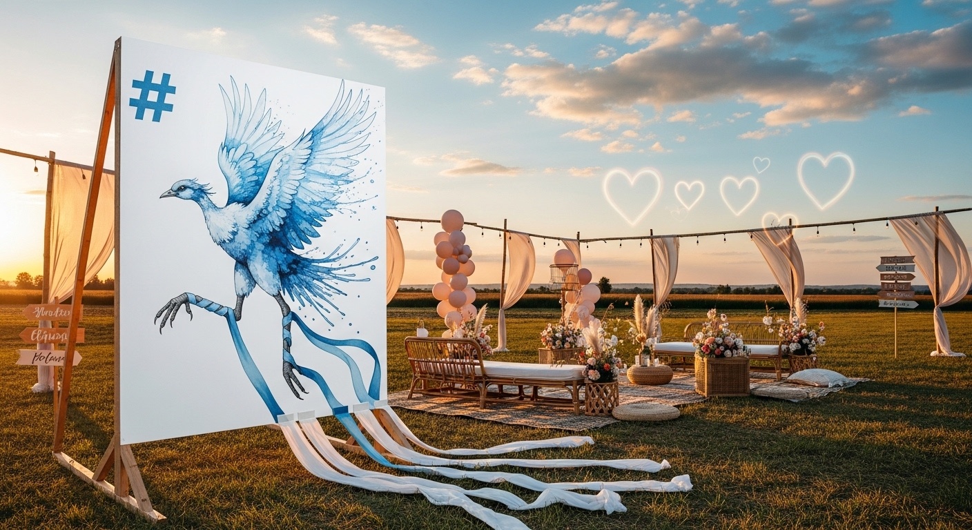 Candlelit twilight celebration space where a blue-white gradient love envoy bird artwork anchors the social gathering hub