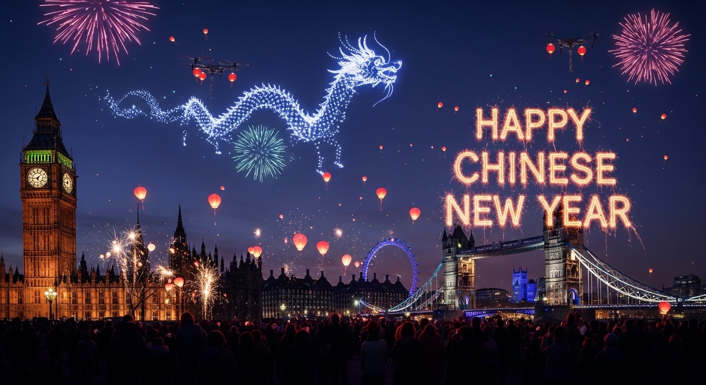 Chinese New Year photo backdrop ideas for luxury studios with London landmarks and crowds