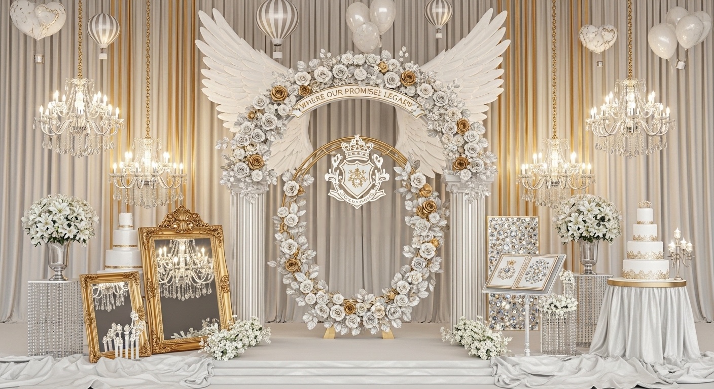 Cinematic luxury wedding background with ceremonial vow book display and symmetrical floral towers, creating a high-status social media photo moment for wedding guests