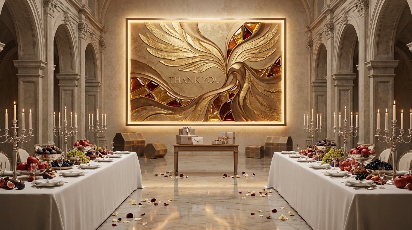 Warm candlelit ballroom featuring a gem-embedded mythical guardian wall installation used as a heritage wedding backdrop