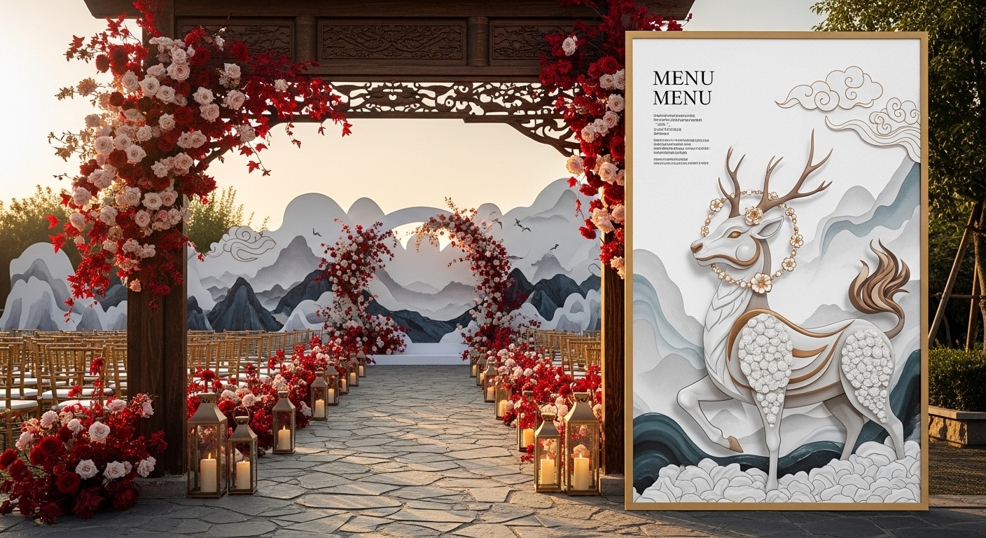 Classic heritage-inspired wedding layout showcasing contemporary reinterpretation of myth through textured signage and balanced landscape background
