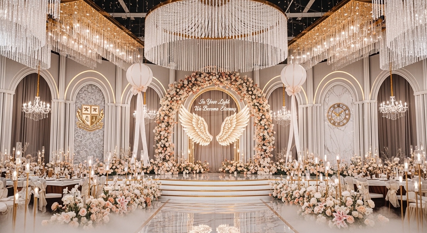 Classic traditional wedding idea background featuring pearl drapery dome, floating white-gold hot air balloons, and forest fairy mist lighting for editorial bridal studio shoots