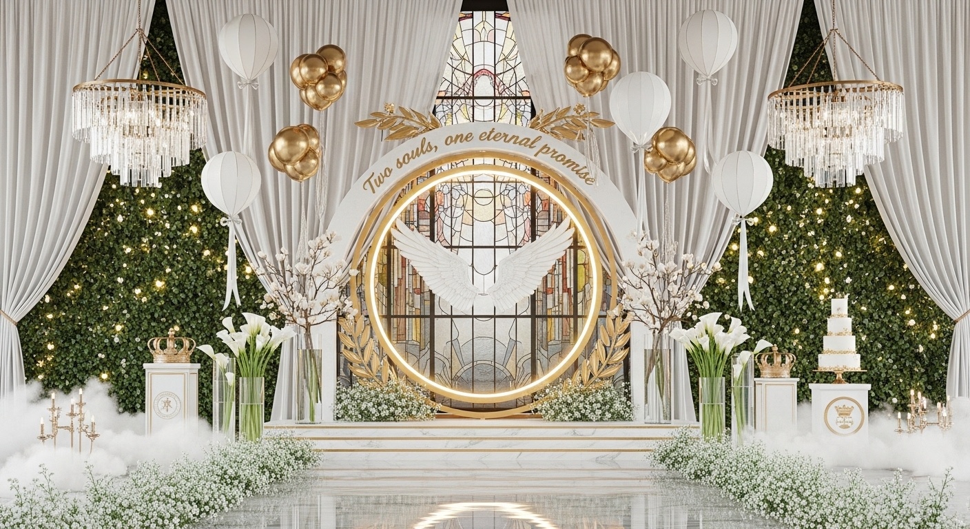 Classic traditional wedding stage with laurel metal inlays and magnolia floral sculptures, designed for editorial guest photography in a royal ceremony atmosphere