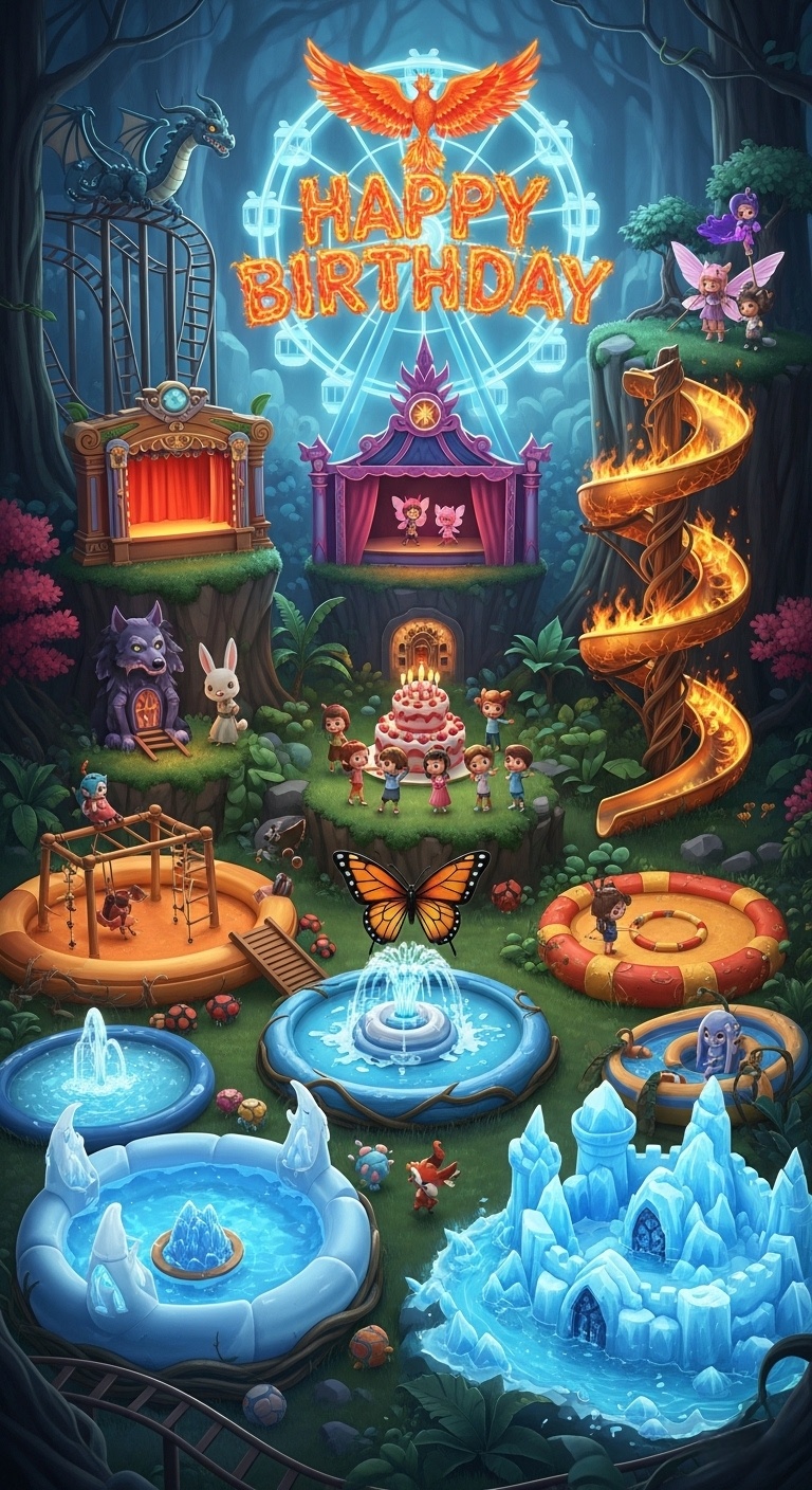 Mythical forest fairytale amusement park birthday backdrop with kids celebrating near dragon roller coaster phoenix ferris wheel and birthday cake in magical fantasy playground background for home party