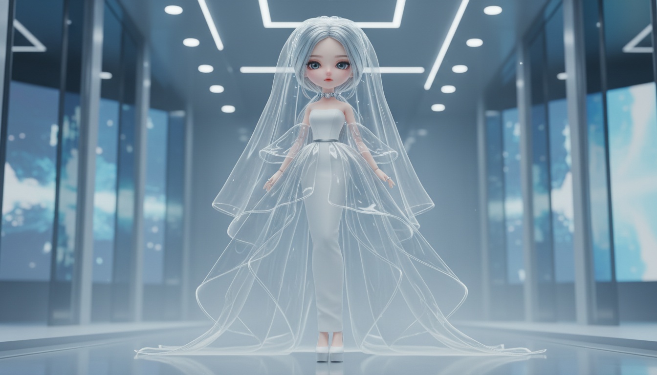 Cool architectural light sliding through semi-transparent white layers in a vast glass wedding hall, the small figure anchoring the entire space