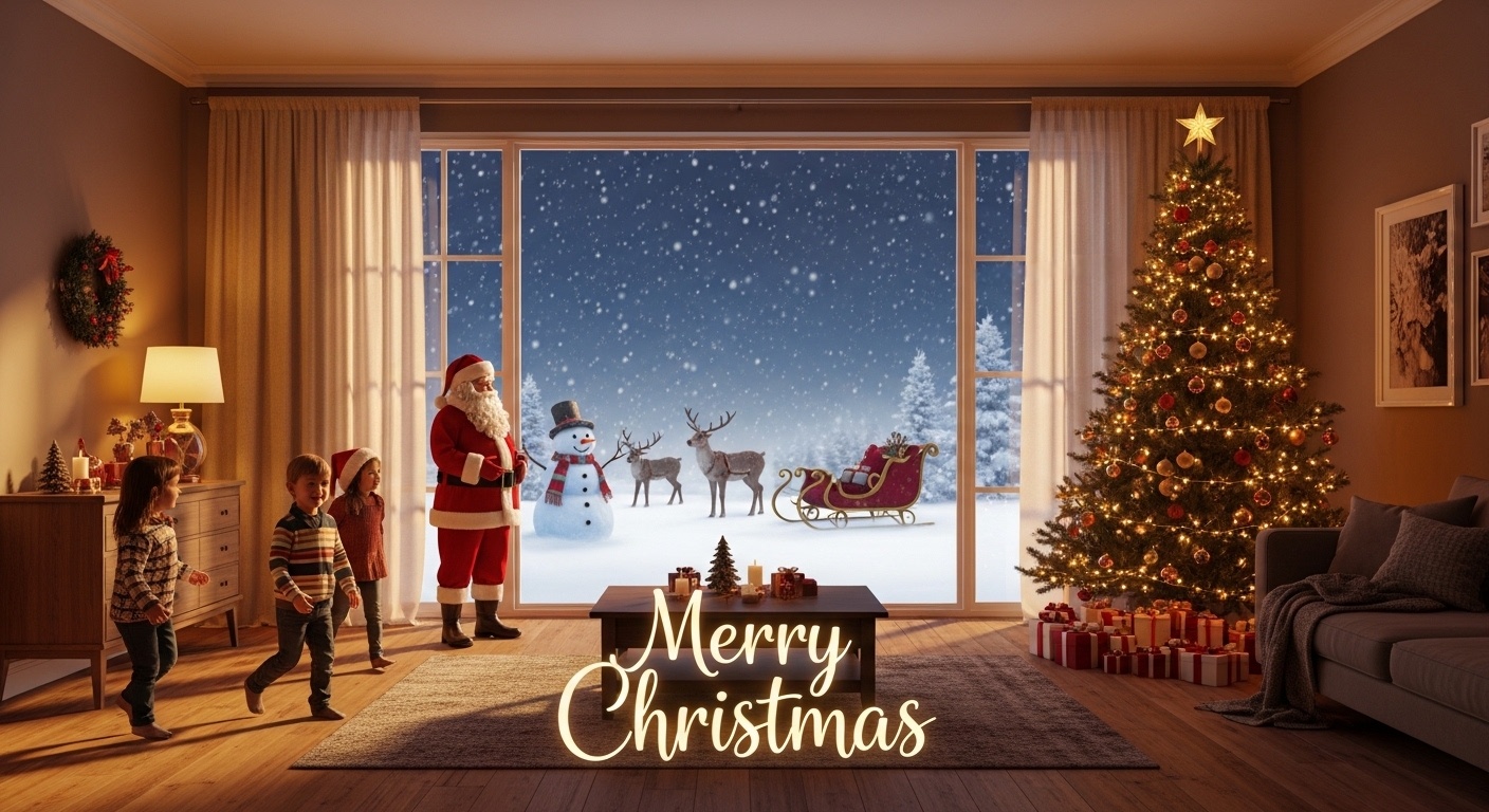 Cozy family Christmas background featuring Santa by the window and winter fantasy outdoors