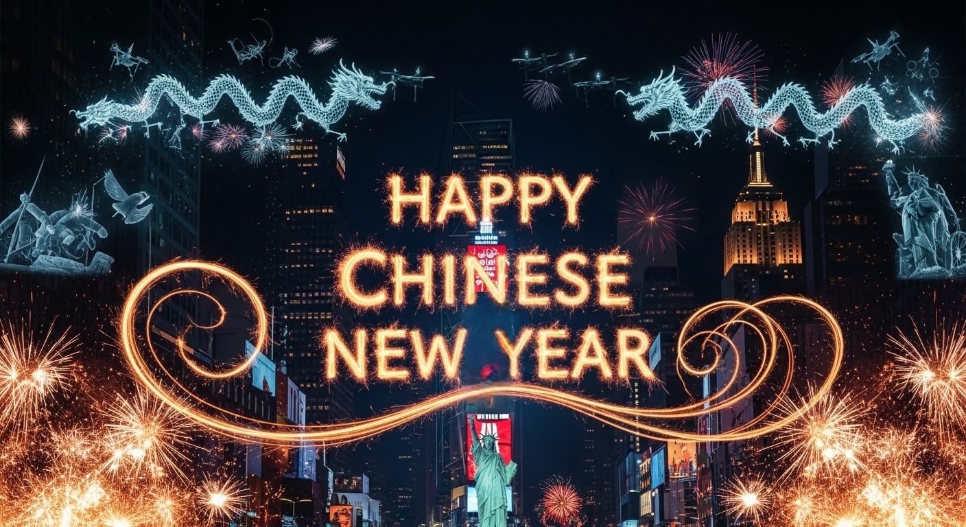 Creative Chinese New Year photo background with drone dragon and New York landmarks