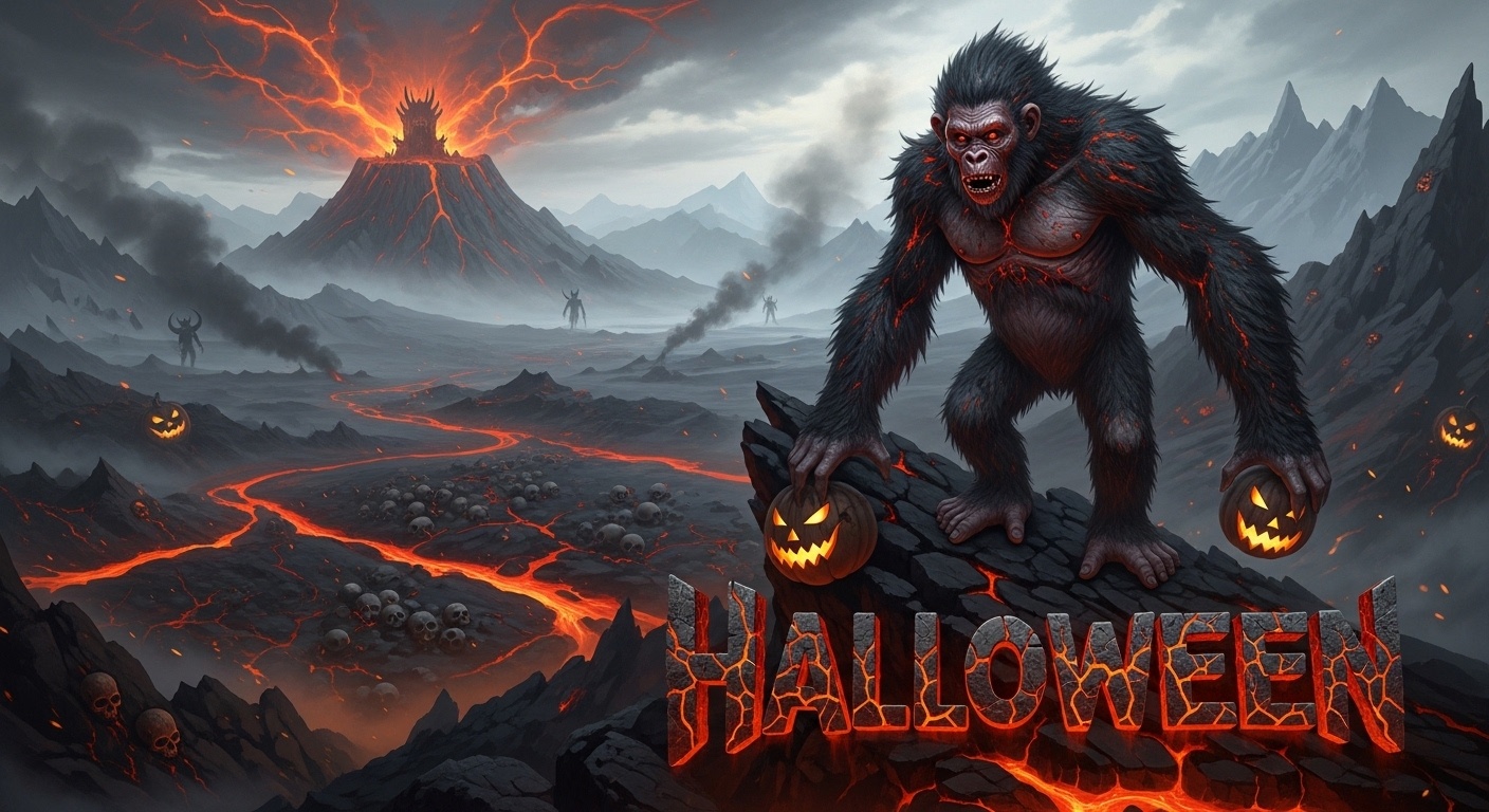 Dark mountain inferno backdrop with demonic silhouettes and basalt-carved “Halloween” typography glowing from magma cracks