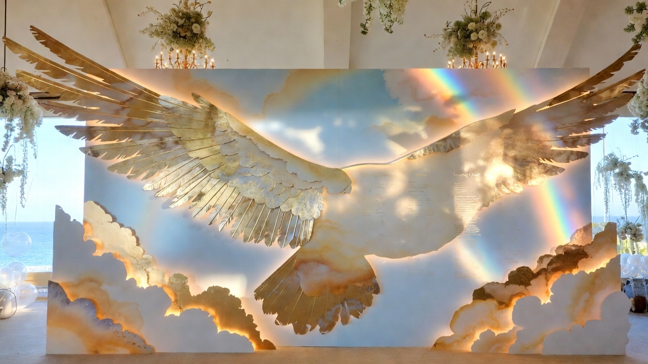 A wide modern beach wedding venue with suspended florals and a towering gold-white Peng wing seating chart backdrop, designed for luxury destination couples seeking airy installation inspiration.