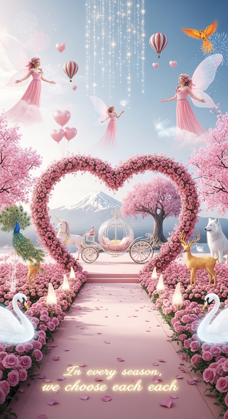 Destination wedding photo background with Mount Fuji horizon, unicorn carriage depth, and soft star-light curtain for cinematic pre-wedding portraits