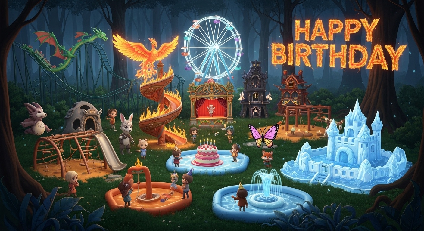 Kids birthday fantasy amusement park scene featuring fairy puppet stage demon dog haunted house firefly fairy spiral slide and rabbit folk flying chairs as immersive birthday backdrop inspiration