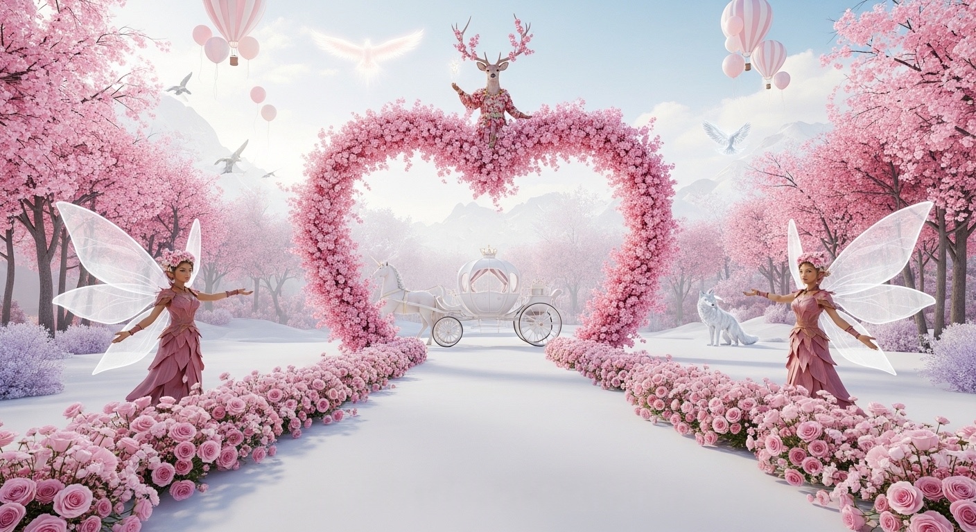 Dreamy fairy wedding backdrop with distant phoenix glow, floating balloons, and calm posing space for bridal party group photos in an indoor studio setup