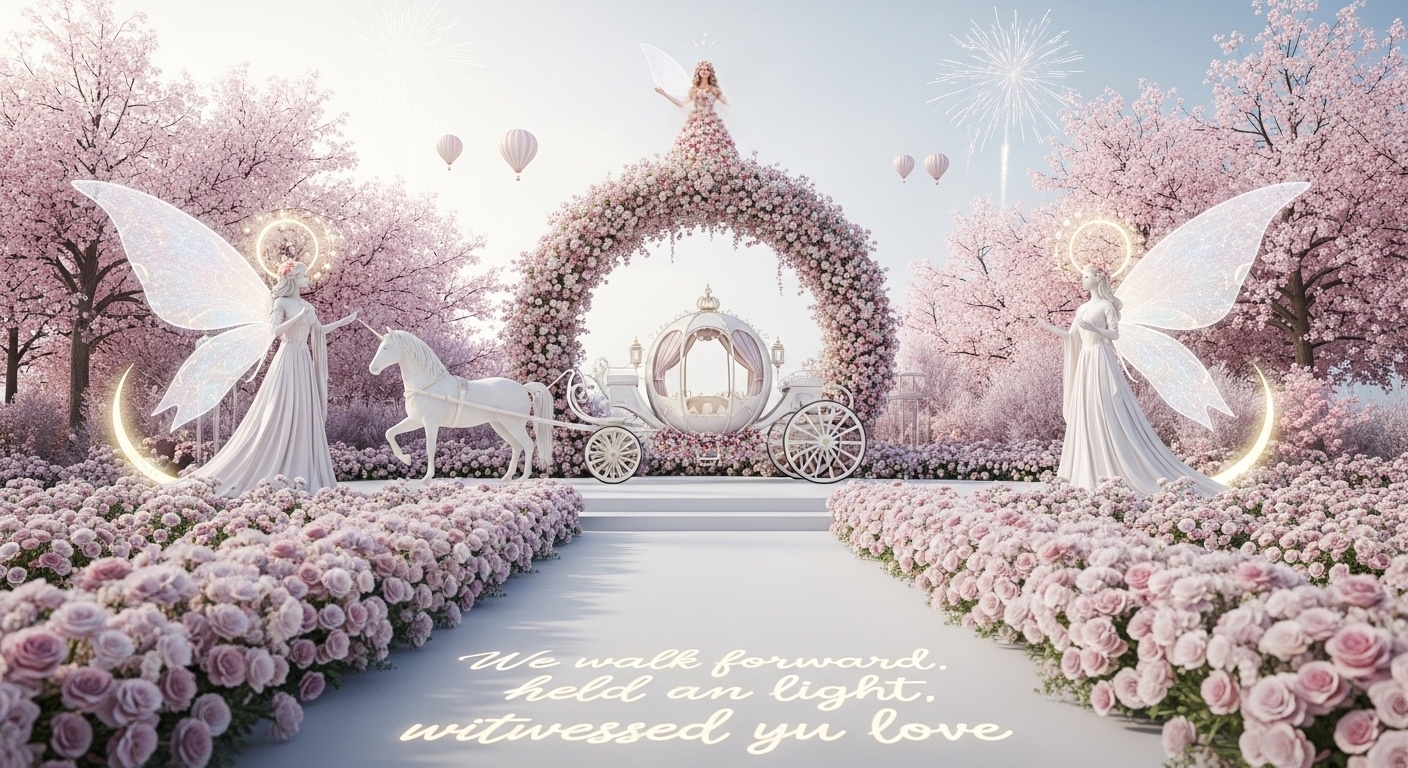 Dreamy forest garden wedding photo booth backdrop with moonlit translucent wings and floral light reflections, optimized for modern wedding studio lighting