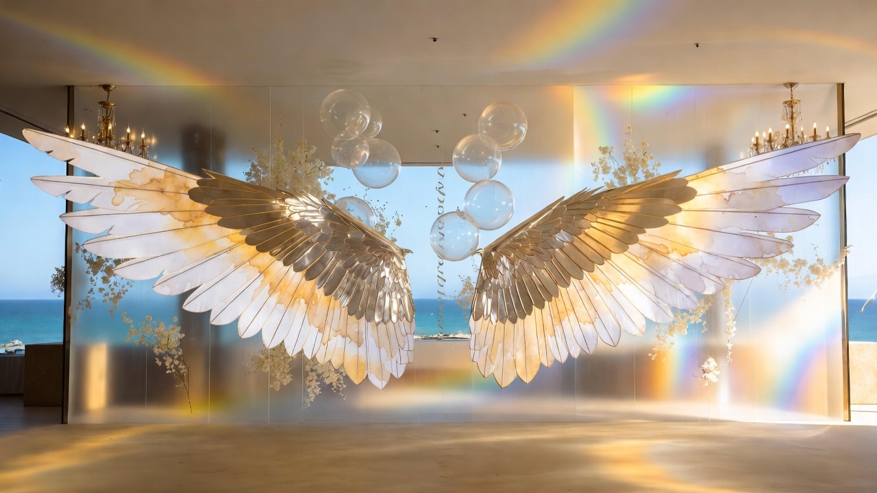 Contemporary coastal ceremony entrance where watercolor metallic bird wings form a gallery-style wedding seating chart wall for editorial event styling.