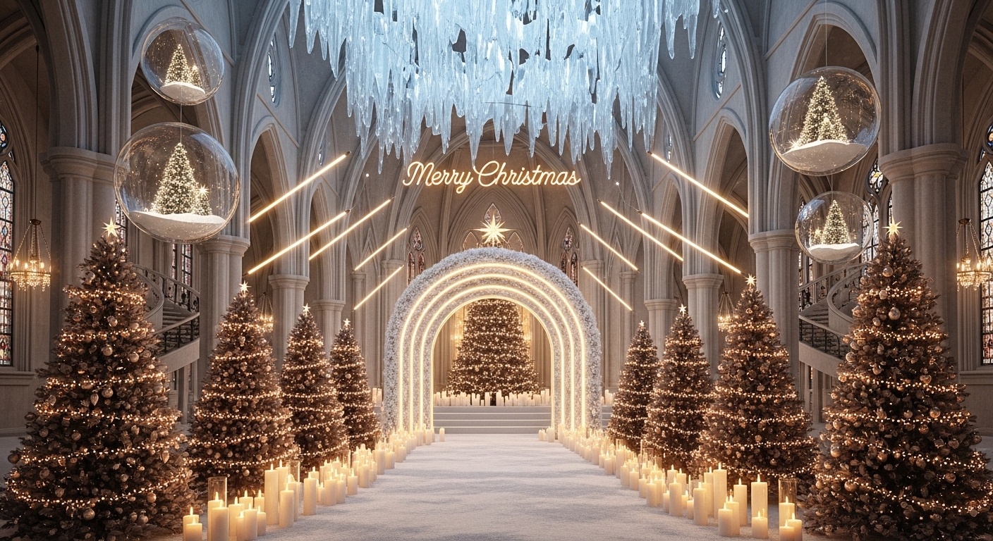 Eight-meter snow wedding arch with gold light for royal winter ceremony photography