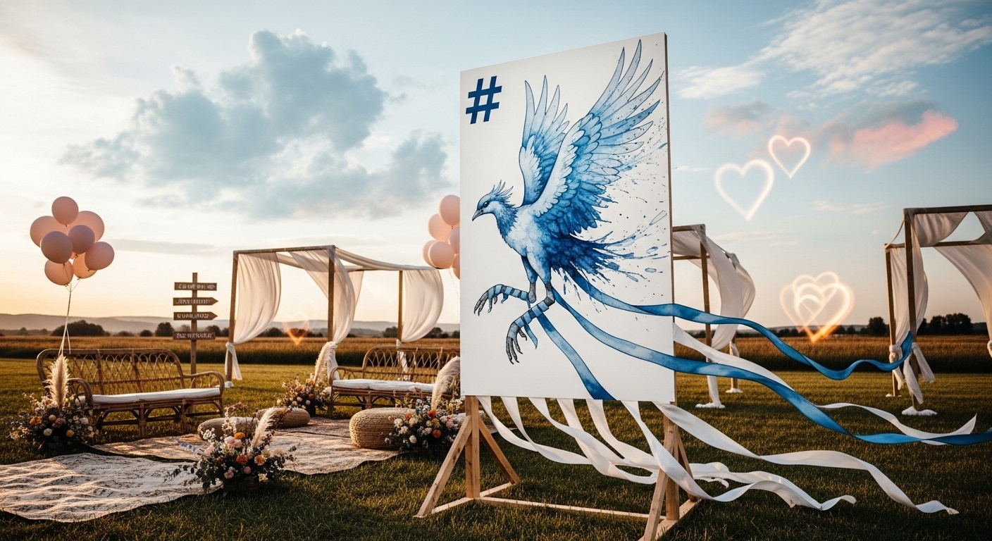 Elegant boho entrance display integrating contemporary myth reinterpretation into a large artistic signage installation