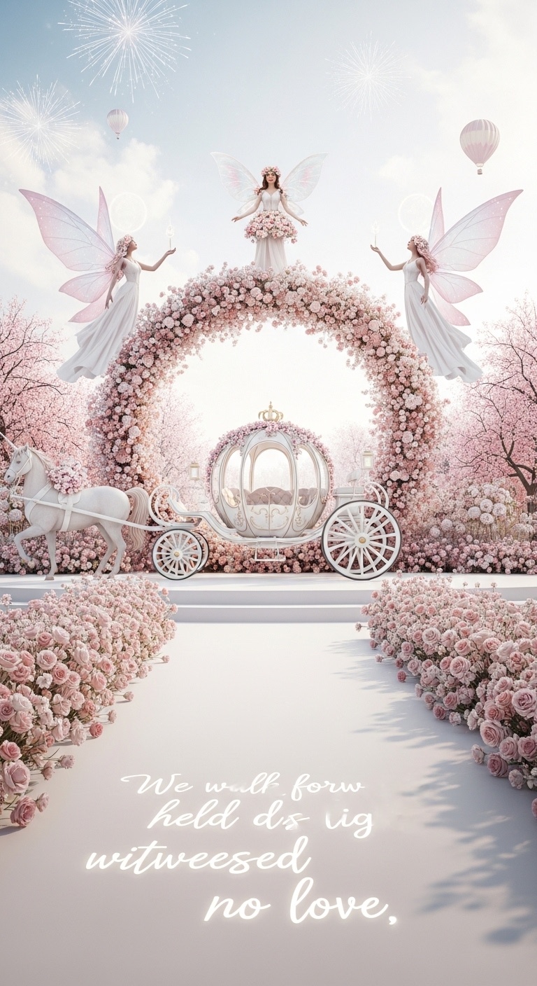 European folklore inspired wedding banner featuring a flower-dressed fairy above the arch, layered botanical textures, and cinematic backlight for elegant engagement photo sessions