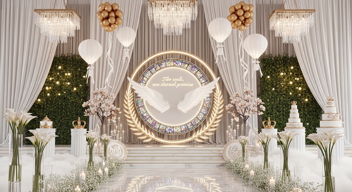 Fairy wedding glow hidden in greenery walls and micro light orbs, creating a soft forest-light sanctum inside an aristocratic indoor wedding backdrop