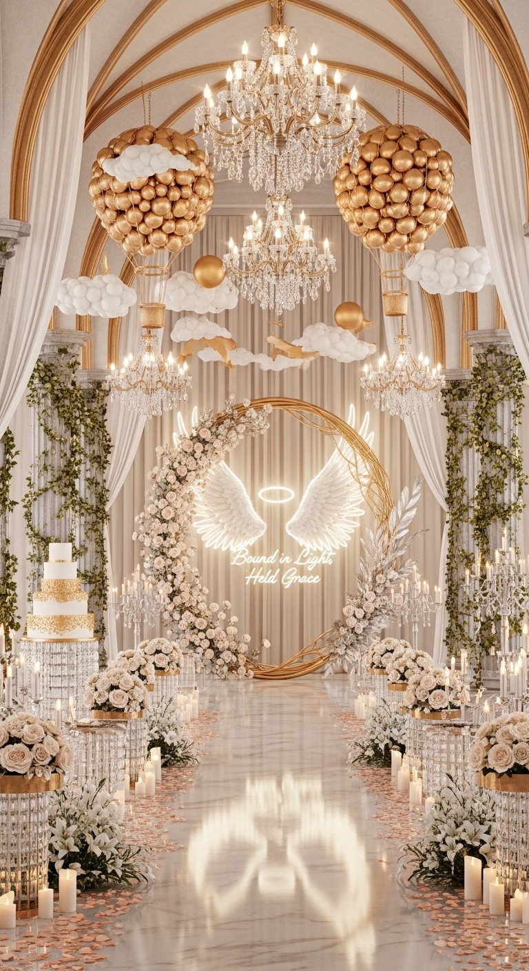 Fairy wedding inspired indoor palace hall with floating hot air balloon installation and pearl drapery for romantic social-media wedding content creation