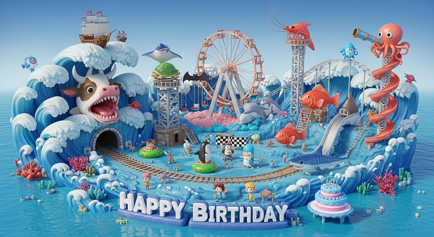 Fantasy ocean fairyland amusement park birthday scene for kids with pirate waves gentle sea creatures mermaid friends shrimp birthday cake and soft spring colors as a family backdrop