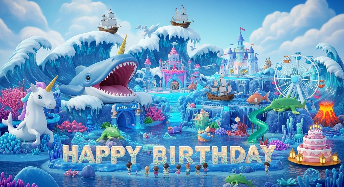 Fantasy ocean fairyland birthday scene for kids with a bioluminescent bay sunken treasure ship abyssal wonderland and lanternfish birthday cake