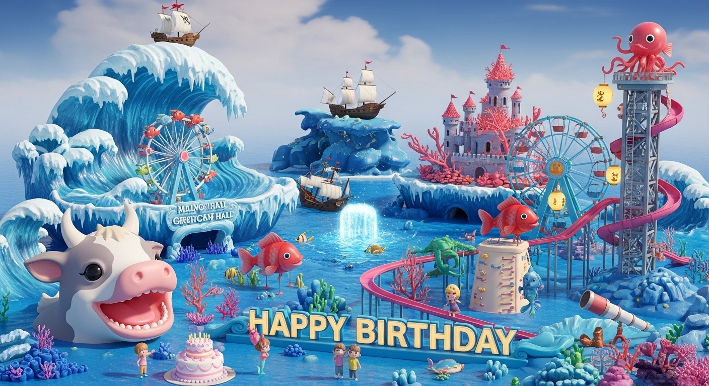 Fantasy ocean fairyland birthday scene for kids with a glowing bioluminescent bay sunken treasure ship lanternfish cake and underwater amusement park inspiration