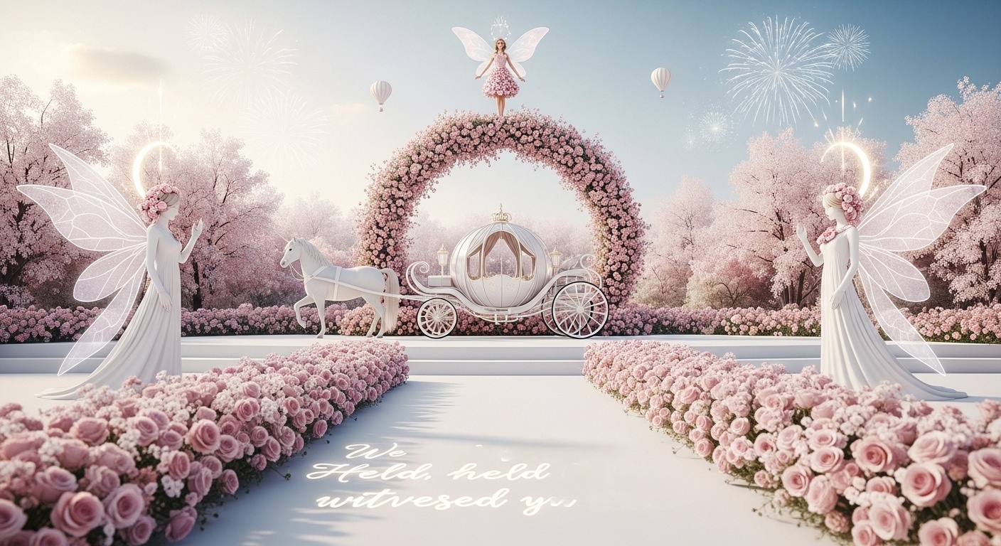 Fine-art fairy wedding background with soft fireworks frozen in bloom, hot-air balloons in the distance, and a calm open space for bridal party group photos, romantic pastel color grading