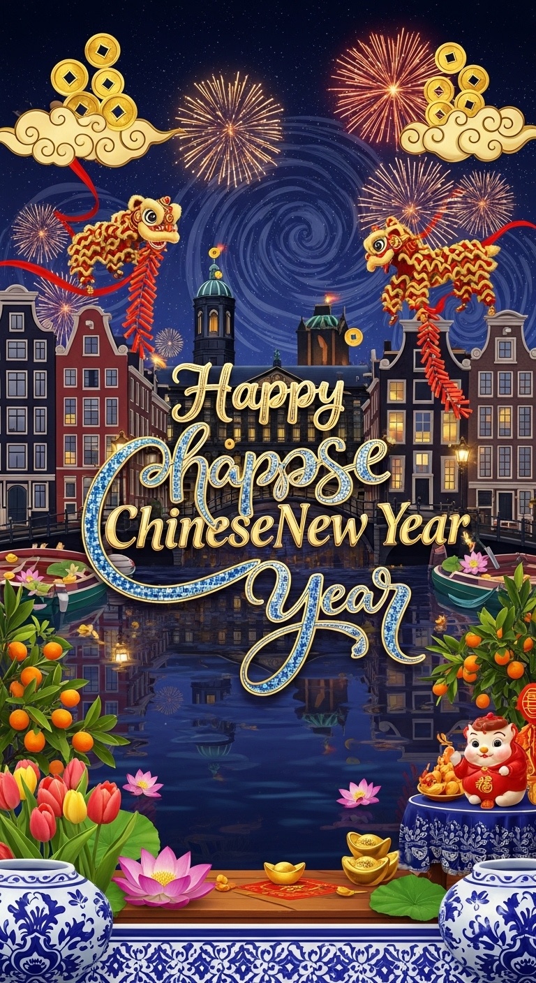 First-Person Amsterdam Canal Chinese New Year Cultural Fusion Photo Background